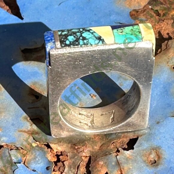 Vintage Sterling Silver Turquoise Inlay Square Ring Navajo Larry Castillo 7.5 - Picture 10 of 13
